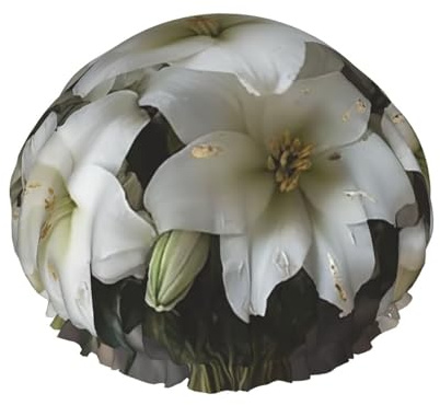 Bonnet de douche double couche réutilisable pour femme Motif bouquet de lys blancs