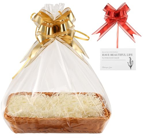 Yocdunm Gift Basket Hamper Kit Create Your Own Gift Hamper Basket Kit with Bows Cellophane Bags Greeting Cards Shredded Paper and Empty Gift Basket Use For Birthday Wedding Easter Gift 35x25 x7cm