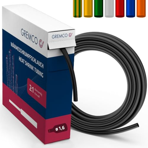 GREMCO Schrumpfschlauch Box Schwarz 1,6mm x 10m | dünnwandiger Wärmeschrumpfschlauch 2:1 ohne Kleber | wasserdichte Schrumpfschläuche zur Kabelisolierung, Kabelbündelung, Kabelreparatur