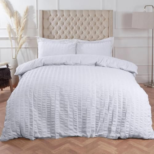 Q & H QUALITY HOUSEHOLD Q&H - Seersucker Duvet Cover Set With Pillow Pair Cases - Ultra Soft Comfy Polycotton Duvet Bed Set - Machine Washable & Breathable Comforter Sets (White, Double (200x200cm)