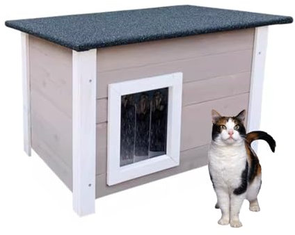 Katzenhaus Outdoor Isoliert Winterfest Katzenhöhle für Draußen Holz mit Türvorhang zu Öffnendes Dach, Katzenhütte Outdoor für 2 Katzen