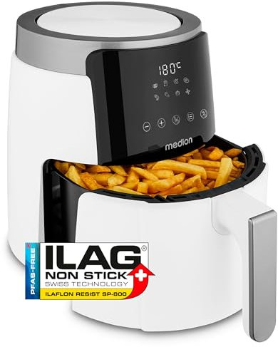 MEDION Freidora de aire caliente P40 L (4,7 litros, 1500 vatios, fácil manejo, freír sin aceite, temporizador de 60 minutos, hasta 200° C, revestimiento antiadherente, MD13030) blanco