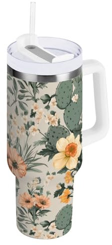 FRODOTGV Spring Flowers Narzissen-Kaktus, vakuumisolierter Becher mit Strohhalm, auslaufsicher, Flip, 1,2 l, Wasserflasche für Mädchen, breite Öffnung, extra große Kaffeetasse für Schule,