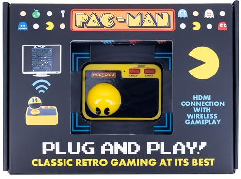 Fizz Creations PAC-MAN Plug & Play Arcade Game Console with Wireless Controller & TV Stick | Classic Retro PAC-MAN Game for TV, Family Gaming, Nostalgia Gift.