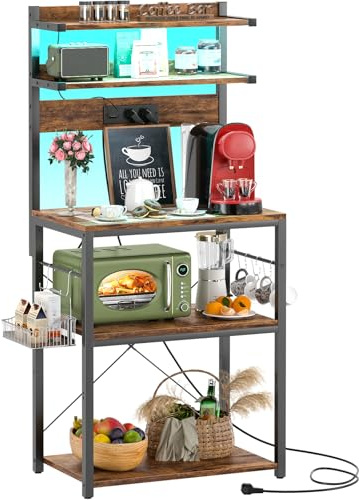 iSunirm Estantería de Cocina con enchufes,Organizador de Cocina con Luces LED,Soporte para microondas con 5 estantes 6 Ganchos,60x40x147cm,Marrón Rústico