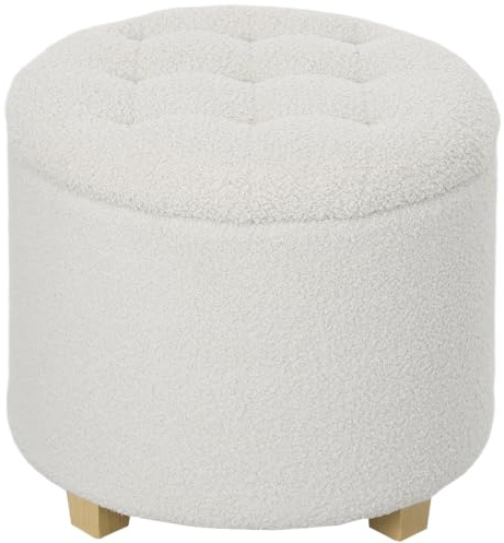 HOMCOM Sitzhocker mit Stauraum Runder Hocker 45 x 45 x 41 cm Weiß | mit Deckel, Fußhocker mit Holzbeinen, Teddy-Fleeceoptik, Polsterhocker für Wohnzimmer Schlafzimmer