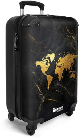 NoBoringSuitcases© Handgepäck Koffer Trolley Reisekoffer Handgepäck-Koffer | 55x35x20 cm - 4 Rollen Leicht Carry on Luggage Hartschalenkoffer Weltkarte - Gold - Marmor