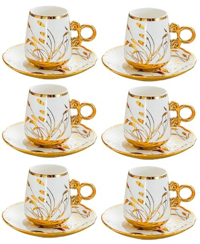 Bafnsiji Ensemble de 6 Tasses à thé et soucoupes avec Garniture dorée, Ensemble de Tasses et soucoupes à Expresso en Porcelaine, Ensemble de Tasses à Expresso en Porcelaine de 100 ML avec soucoupes