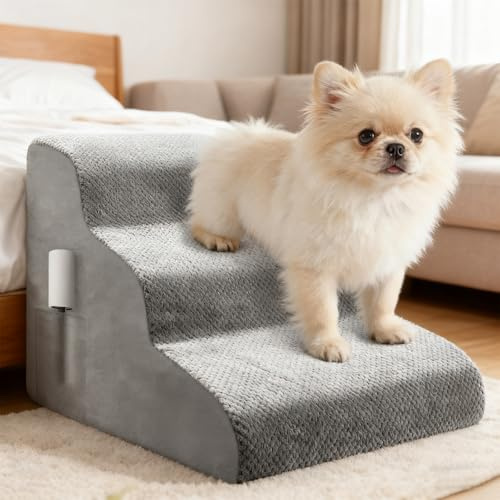 3 Stufen Hundetreppe für Kleine Hunde, 40cm Rutschfestem Hochdichter Schwamm Haustiertreppe Hundetreppe mit Waschbarem Bezug, rutschfest Tragbar Hunderampe Katzentreppe für Bett & Sofa