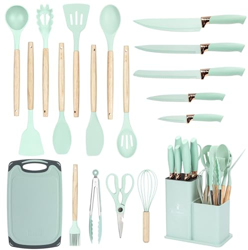 EliteHoff Juego de cuchillos de cocina de 19 piezas, utensilios de silicona con mangos de madera, 5 cuchillos, 12 utensilios de cocina, tabla de cortar y soporte, sin PFOA, apto para lavavajillas (E