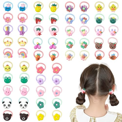 60 élastiques à cheveux pour bébé, élastiques à cheveux pour enfant, queue de cheval, accessoires pour cheveux multicolores, motifs animaux et fleurs
