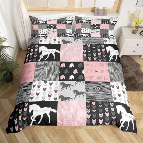 Homewish Housse de Couette 240 x 260 Licorne Fille, Parure de Lit Cheval Blanc, Sets de Housses de Couettes Cowboy Cowgirls Western, Housse Couette Patchwork À Carreaux de Buffle, Rose Noir