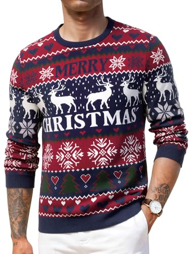 Crewhpo Maglione Natalizio Uomo Maglioni Natalizie Inverno Caldo Maglioni Natale a Maniche Lunga Maglione Natalizio Girocollo Pullover Natalizi con Stampa di Renna, Fiocco di Neve Blu Navy M