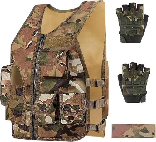 Taktische Weste für Kinder, Outdoor, Kampfweste, verstellbar, atmungsaktiv, mit Halbfinger-Handschuhen