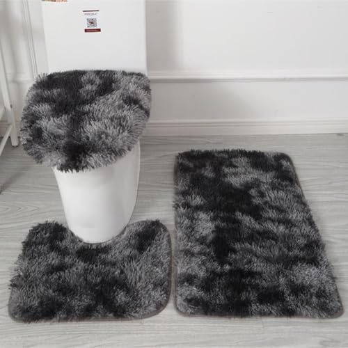 Soft Microfiber Bath Mat Bathroom Rugs Sets 3 Piece, Fluffy Bath Rug + Contour Mat + Toilet Seat Cover, Non-Slip Bathroom Rugs with PVC Point Flannel Backing, Water Absorbent Bathmat (Black&Grey)