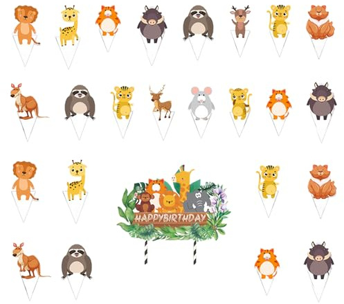 25 Stück Niedliches Tier Cupcake Topper, Wildtiere Kuchendekoration, Kuchen Deko, Muffin Deko für Kinder Geburtstag Baby Shower Party Dekorationen Zubehör (bunt 1)