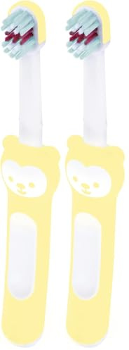 MAM | Ma première brosse à dents 6+ mois (coloris aléatoire) – Brosse à dents pour bébé facile à tenir en main – Pour apprendre à se laver les dents tout seul – Avec bouclier de protection (Lot de 2)