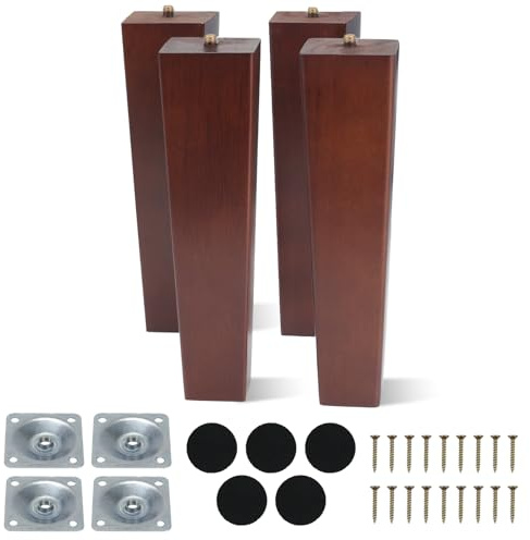 COEWUR 4 PCS 20 cm Möbelfüße Holz, Möbelbeine aus Holz Tischbeine Vierkant Möbelbeine Massivholz Beine Sofa Ersatzbeine mit Montageplatten Schrauben Filzgleiter für Bett Schrank Stuhl Walnussfarbe