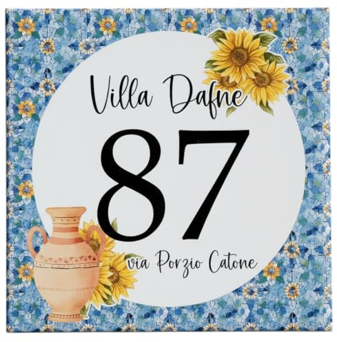 Numero Civico in Ceramica Personalizzabile 15X15cm, Targa Decorativa su Mattonella, con Indirizzo e Nome Famiglia, Made in Italy, Stile Classico Positano