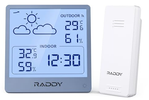 Raddy WF-50T Estación Meteorológica Inalámbrica Termómetro Higrómetro Interior Exterior, Monitor de Temperatura y Humedad a Pilas con Pantalla TN de 5,0'', Pronóstico, Sensor Remoto（Azul）