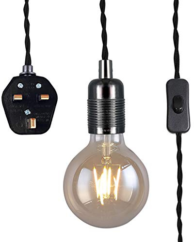 Black Pendant Light Fitting with Plug-in, Vintage Style Hanging Light KIT E27 Lamp Holder,4500MM Braided Twisted Cable with On/of Switch-KIT04BPG