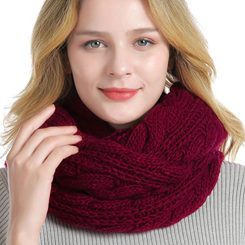 QUEENFUR Winter Women Thick Cable Knit Ribbed Infinity Circle Loop Scarf Matches with Beanies (Burgundy)