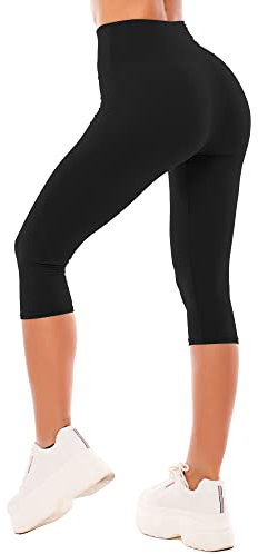 SINOPHANT High Waisted Capri 3/4 Length Leggings for Women, Buttery Soft Elastic Opaque Tummy Control Leggings, Cropped Trousers for Workout Gym Yoga(Black, S-M)