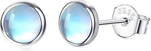 MILACOLATO 925 Argent Boucle Doreille Pierre de Lune 14K or blanc synthétique Rondes Boucles D'oreilles en Pierre de Lune Petites Boucles D'oreilles pour Femmes 5mm