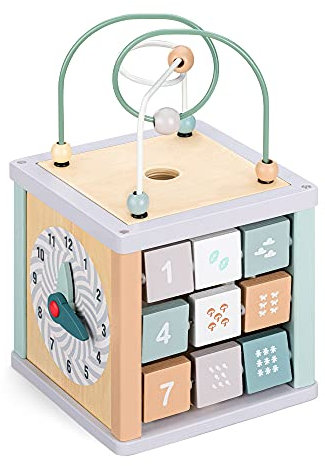 Navaris Motorikwürfel aus Holz - Activity Würfel Motorik Spielzeug ab 18 Monate - Motorikschleife Spielwürfel - Baby Spielspaß in Pastellfarben