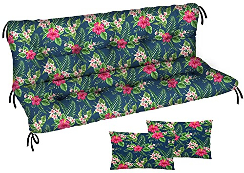 Ferocity Auflage für Hollywoodschaukel 185x50x50 Gartenbankauflage und 2 Kissen Palettenauflage Bankauflage Sitzkissen und Rückenkissen Polsterauflage Matratze Gartenpolster, Palm Dunkel Blumen [133]
