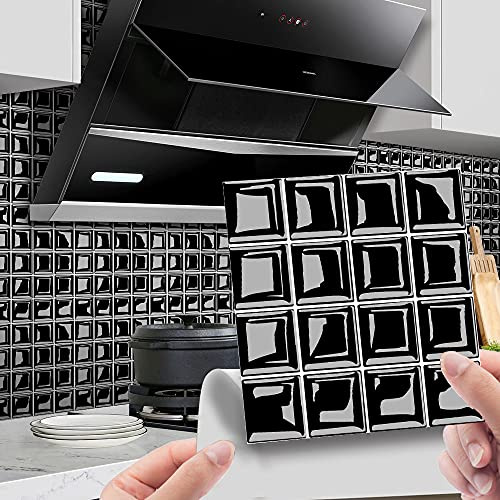 30 Pièces Stickers Muraux Autocollants pour Carrelage en Céramique et Marbre, Salle de Bains et Cuisine Sticker, Hiser 3D Mosaïque Imperméables Auto-adhésifs Décoration (Le Noir,20x20cm)