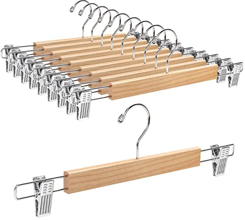 Amber Home 10 Pack 14.17 Solid Natural Wooden Pant Skirt Hangers, Bottom Hangers for Slacks Trousers Jeans with 2-Adjustable Anti-Rust Clips (Natural, 10 Pack)