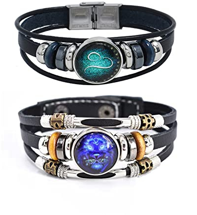 2Pcs Multilayer Constellation Zodiac Leather Bracelet Handmade Woven Zodiac Sign Wrap Bracelet Wristband for Women Men Jewelry Birthday Gift, 8.26' and 8.5' (adjustable), Leather, no gemstone