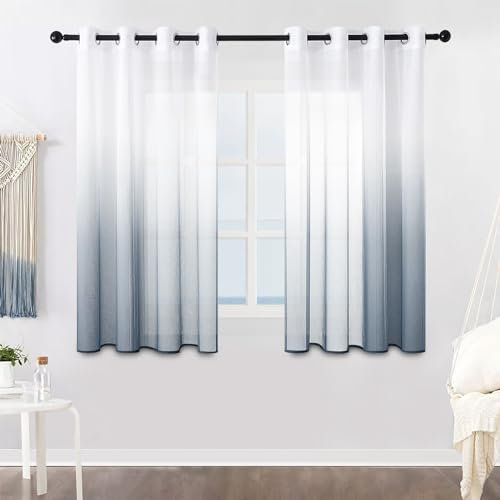 MRTREES Voile Gardinen Farbverlauf Leinenoptik Transparent Vorhang Kurz Tüllvorhang mit Ösen in Grau Weiß Verlauf 145×140cm (H×B) Modern für Dekoration Kinderzimmer Wohnzimmer Schlafzimmer 2er-Set