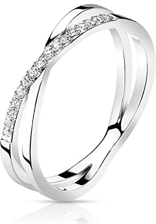 Paula & Fritz® Ring Damen Doppelt Kreuz Zirkonia Klar 316L Chirurgenstahl Größe 49 (15,6) - 59 (18,8) Rosé Gold Silber Herren-Ring Partnerring Ehering