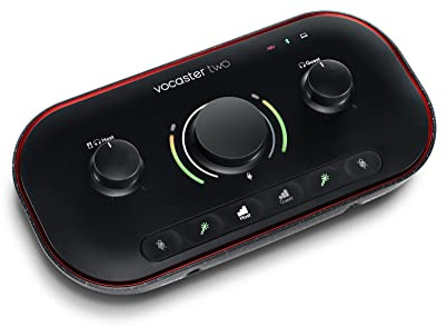 Focusrite Vocaster Two – Podcast-Audio-Interface für Aufnahmen von Moderator und Gast. Mit zwei Mikrofoneingängen und zwei Kopfhörerausgängen sowie Auto Gain, Enhance und Mute-Funktion.
