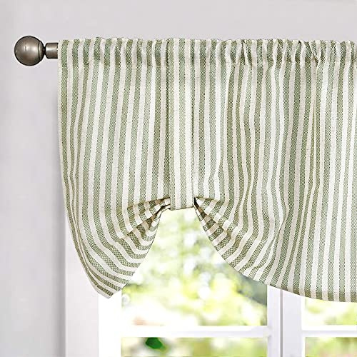 jinchan Tie Up Linen Textured Striped Bow Tie Curtain for Kitchen Bathroom Rod Pocket Pinstripe Valance Window Treatments Ticking Stripe Pull Cord Valance 1 Panel 18 Inch Sage Green on Linen