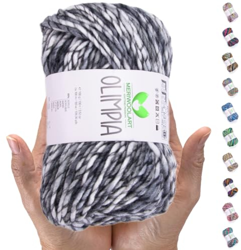 MeriWoolArt Merino Wolle zum Stricken – 100 m Mehrfarbige Dicke Weiche Merinowolle zum Stricken für Pullover Jacken – XXL Handstrickwolle – Voluminöse DIY Wolle für Schals Decken Tücher Geschenke