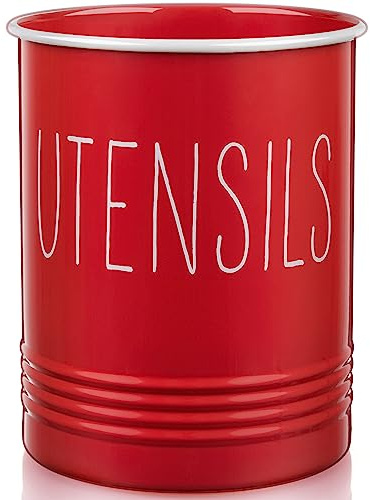Bivvclaz Portautensili da cucina – Portautensili da 17 cm per bancone da cucina, con fondo in sughero, decorazione rossa e accessori, organizer per utensili da banco