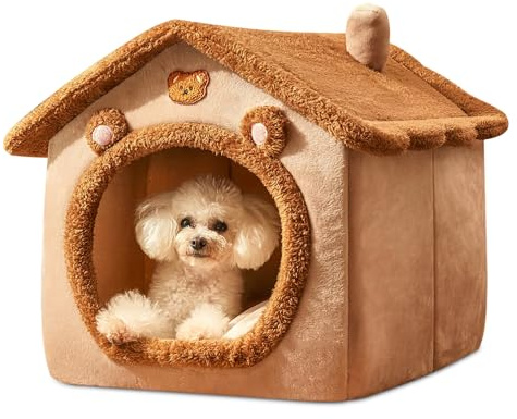 ALLSOPETS Hundehaus für Drinnen, Faltbare Hundehöhle und Katzenhöhle, Warmes und Gemütliches Hundehaus Indoor, Waschbares Haustierbett mit Abnehmbarem Kissen (Braun, M)