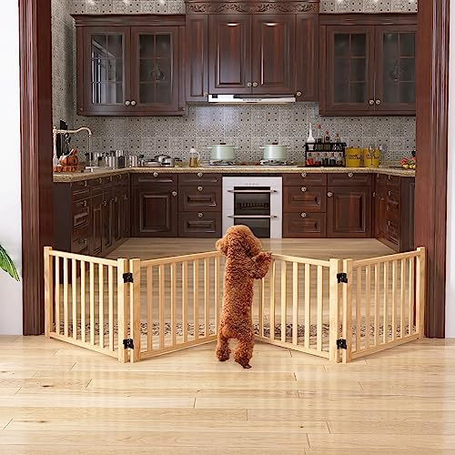 YOCAN Non-Painted Wooden Freestanding Dog Gates for The House,Doorways, Stairs,Wood Dog Fences Indoor Pet Gate,Step Over Fence-4 Panel H:16.9