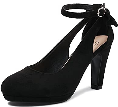 elerhythm Escarpins Mary Jane à Talons avec Nœud Rétro Bout Rond Fermé en Daim à Bride de Cheville Chaussures Vintage
