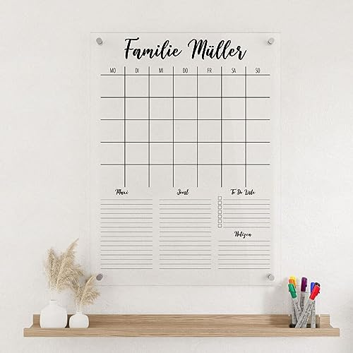 Wunsch Kalender - personalisierter Wandkalender - Hochkant 2-Namen Kalender - wiederverwendbarer Kalender aus Acrylglas - Familienplaner abwischbar - Hingucker für jeden Raum