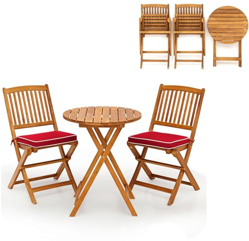 KOMFOTTEU Set da Bistrò Pieghevole, Tavolo Portato 40 kg, Sedie con Cuscini Portato 160 kg, Set Giardino, Set Tavolo e Sedie da Giardino, Set da Esterno per Balcone (Cuscini Rossi)