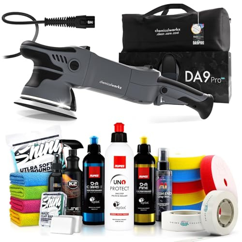 Poliermaschinen Set: chemicalworkz DA9 Pro Max Exzenter Poliermaschine + Rupes Politur Set + Royal Pads Premium Polierpads + Dr. Wack Versiegelung für Lack + Zubehör | 20-teilig