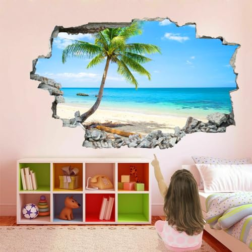 Wandtattoo Aufkleber Wandbild Palme Mauerloch 3D Durchbruch Effekt Wandsticker Strand Wandaufkleber Abnehmbare Wanddeko fürs Wohnung Wohnzimmer Schlafzimmer Bad Kinderzimmer Tapeten Deko