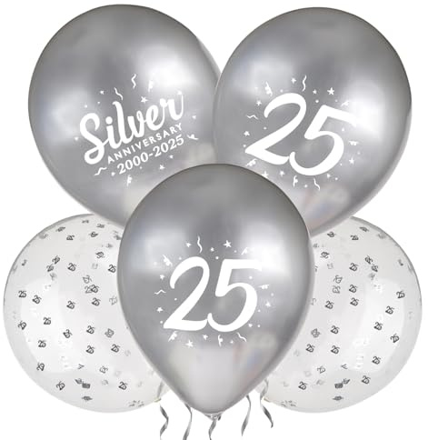 BETESSIN 24 Stück Silberhochzeit Luftballons in 3 Stilen - Silber Metallic, Zahl 25 und Konfetti-Ballons für 25. Jubiläum, Geburtstag, Silberhochzeit Deko