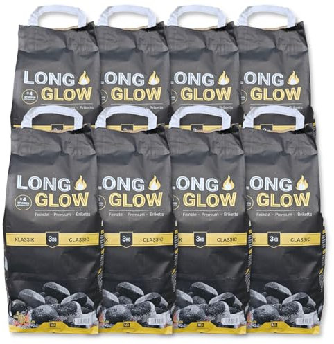 24kg (8x3kg) Long Glow Premium Grillbriketts Kohle Manufaktur Grillbrikett Premium Brikett Holz Kohle Grill Lange Brenn-& Glutdauer 4h Grillbriketts 100% Made in Germany Energie Kienbacher (24kg)