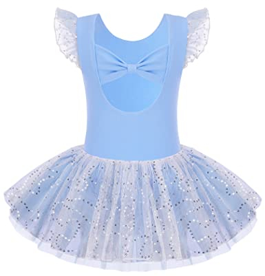 Arshiner Kinder Ballettkleidung 2-10 Jahre Mädchen Schleifen Ballettkleid Kurzarm Ballettanzug Glitzer Tanzkleid Baumwolle Ballett Trikot Mit Chiffon Rock Tütü Blau 130