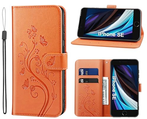 KRAFTCARE Lederhülle für iPhone 7/8/SE Klapphülle Leder Hülle | Premium PU Leder mit Prägung, Kartenfach, Ständer, Magnetic Closure, RFID Blockierung, Flip Wallet Handyhülle, Orange